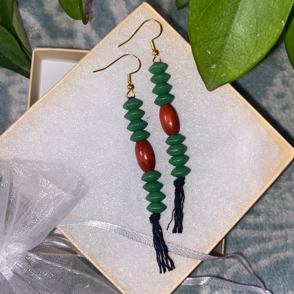 Forest Theme Hand Crafted Macrame Tassel Fringe Earrings Wood Beaded Accents